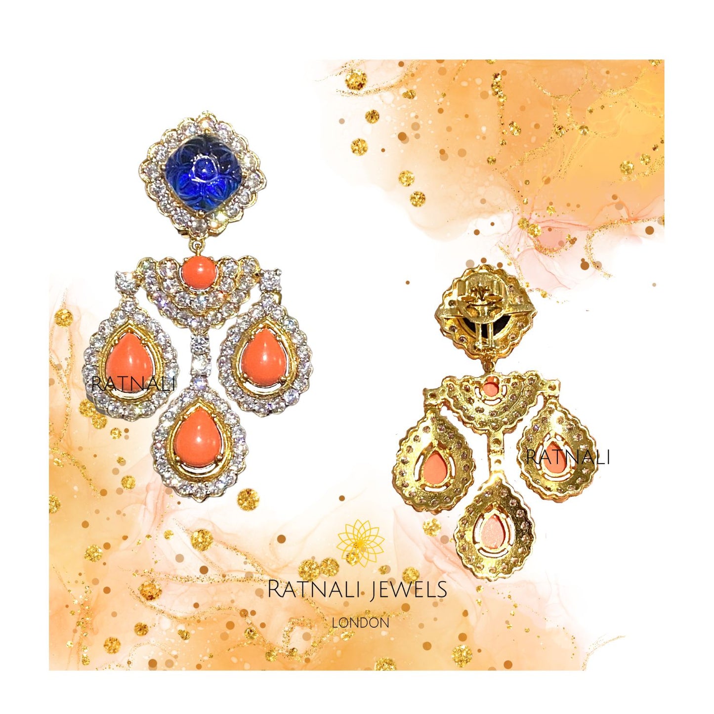 Coralli | Coral and blue gemstone dangler earrings in real silver, Orange Coral silver Diamond earrings, Blue Gemstone Statement earrings - ratnalijewels