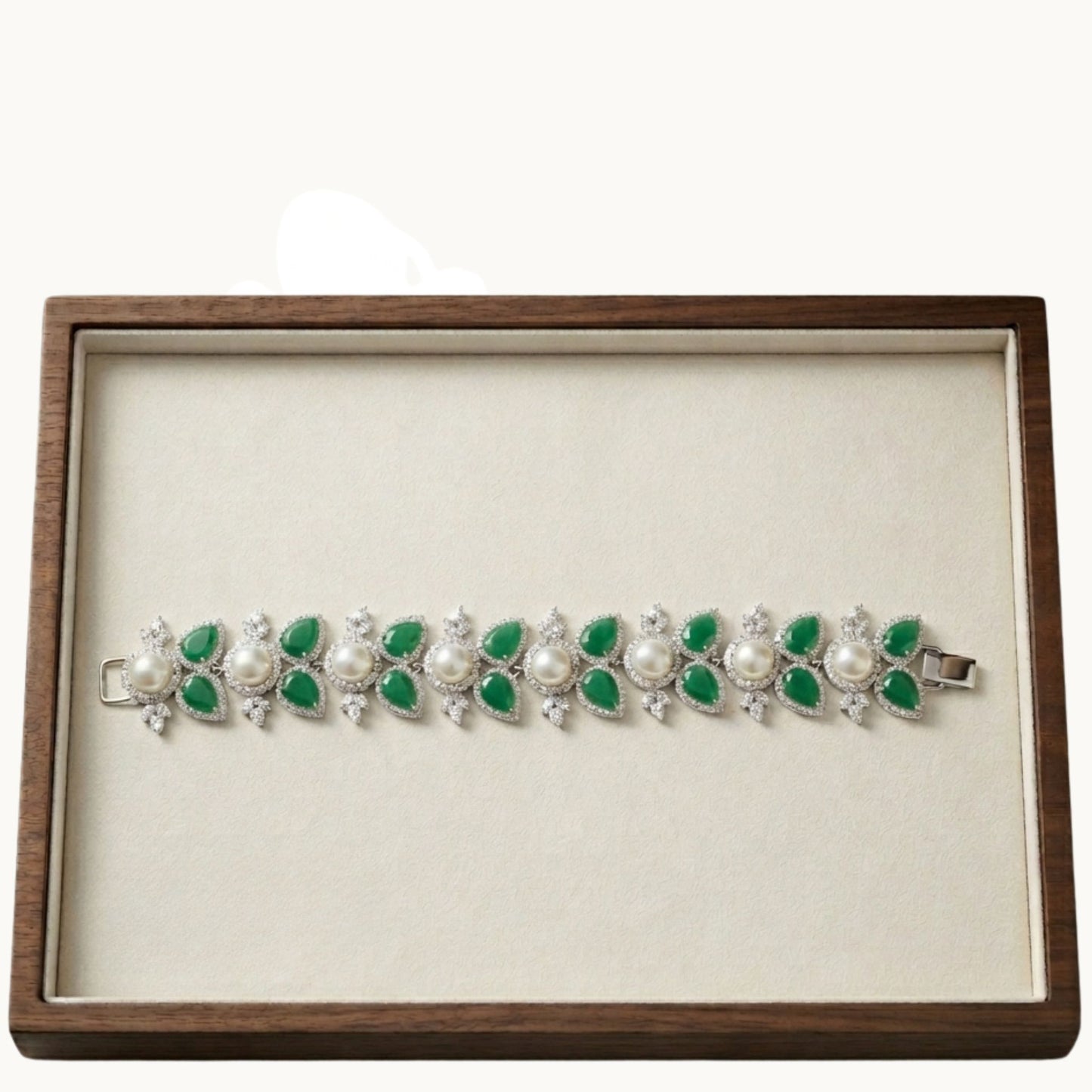 Emerald Green Stone, Pearl & CZ Bracelet
