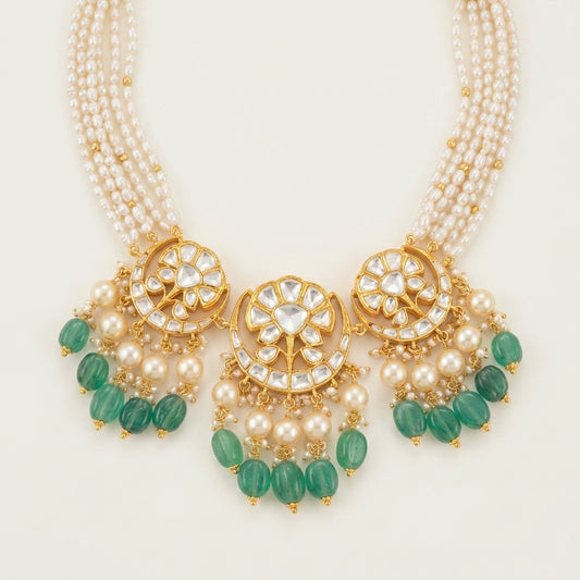 Polki Three Motif Necklace & Earring Set with Green Bead Drops - ratnalijewels
