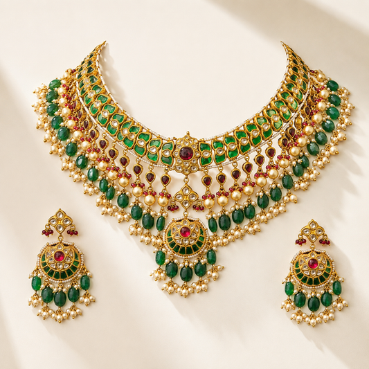 24K Gold Thappa Diamond Polki Necklace Set - ratnalijewels
