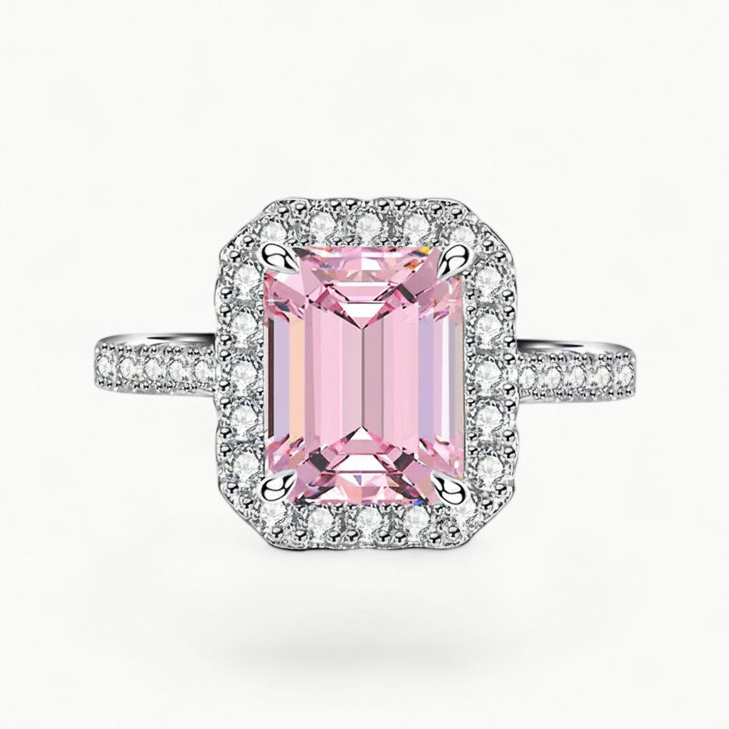 Candy Pink Rectangular Halo Statement Diamond Ring - ratnalijewels