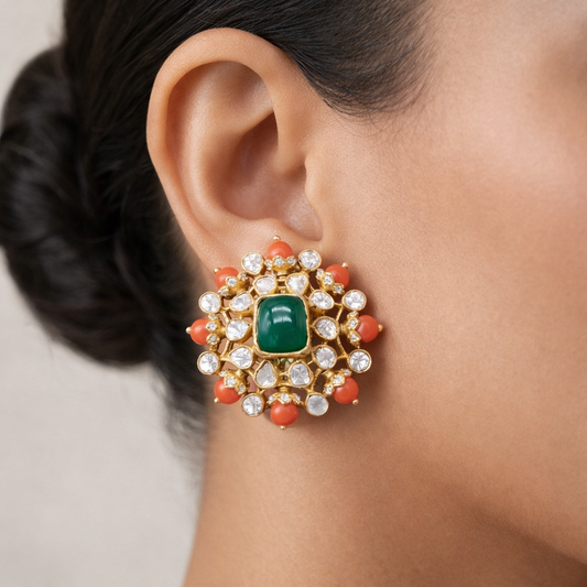 Polki Coral Cluster Stud Earrings - ratnalijewels