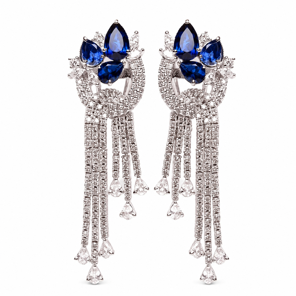 Silver sapphire pavé chandelier drop earrings with Diamond CZ in two-tone gold and rhodium