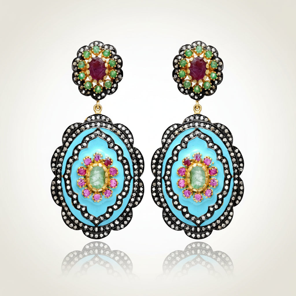 Ruby Pave Diamond Silver Gold Plated Enamel Earrings - ratnalijewels