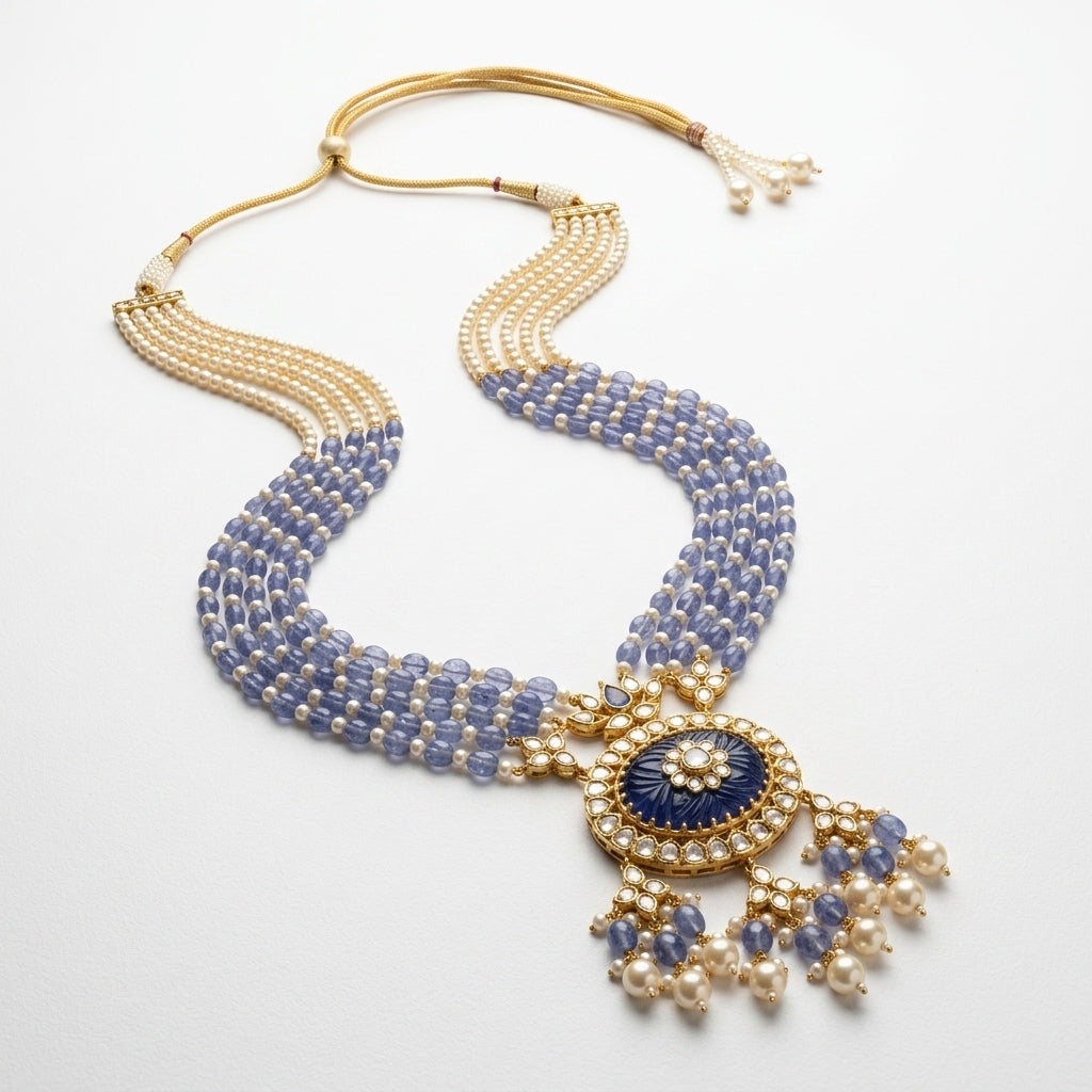 Blue Tanzanite Polki Pearl Necklace Set - ratnalijewels