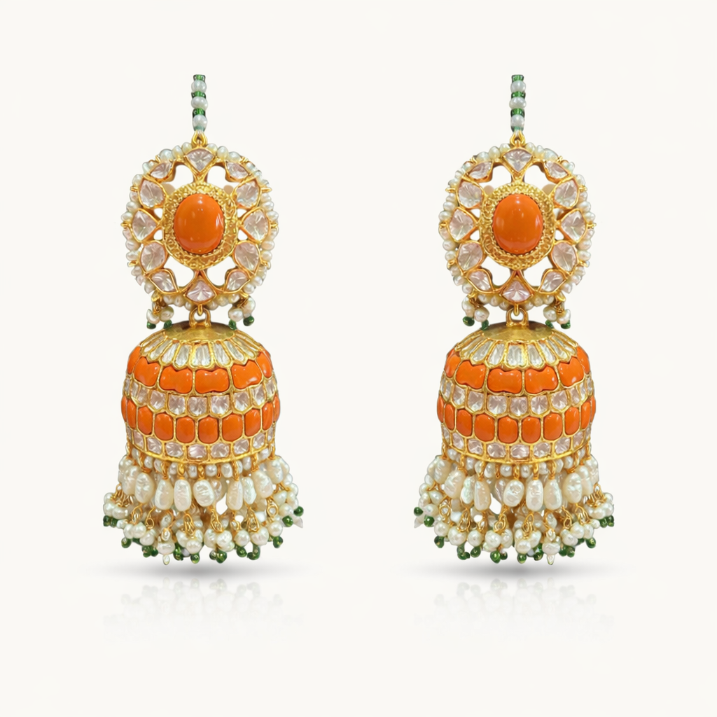 Moissanite Polki Coral and Pearl Bridal Necklace & Jhumka Set - ratnalijewels