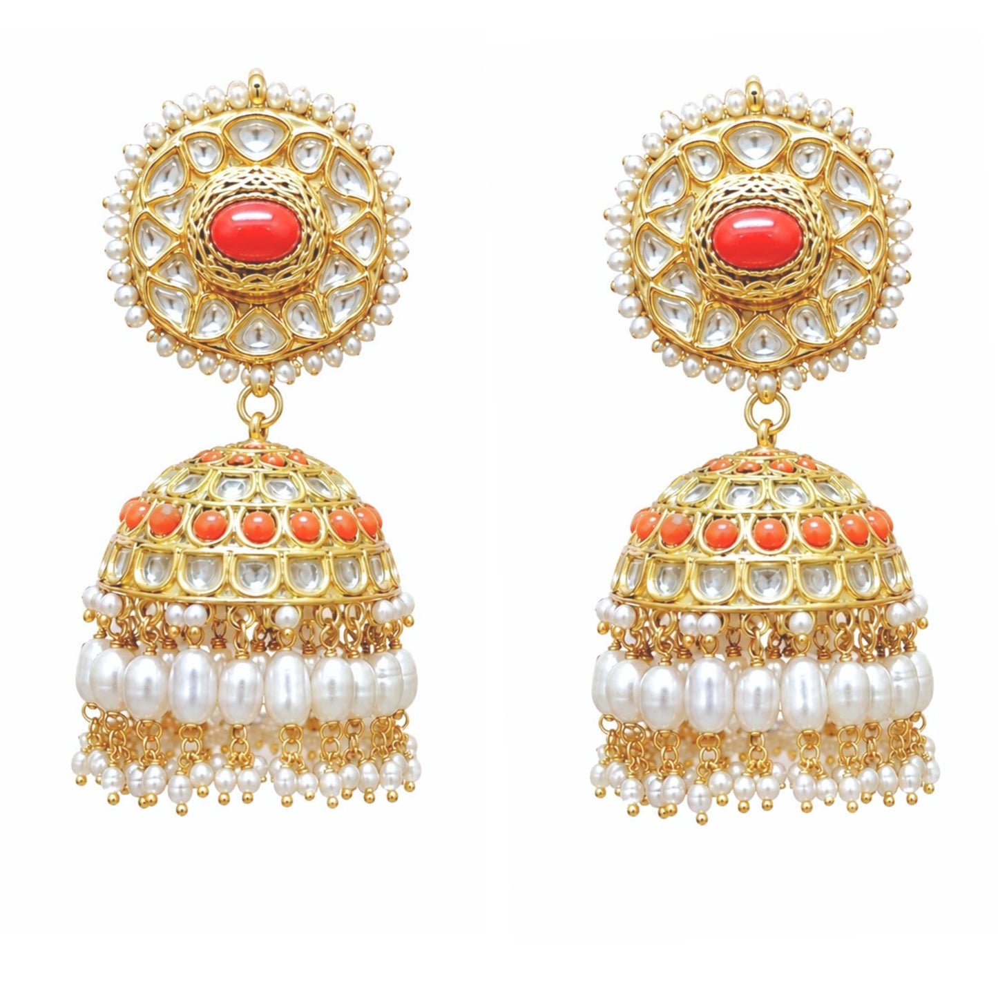 gold coral jhumka earrings