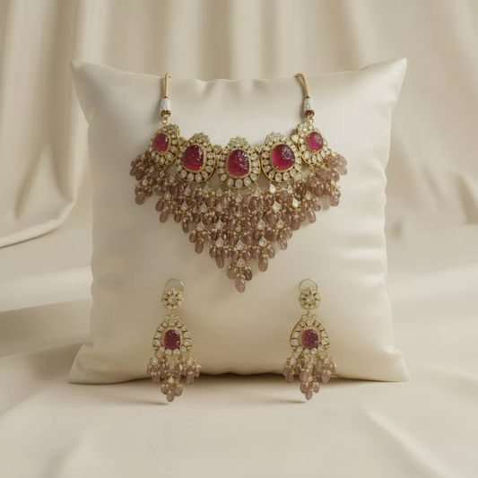 Moissanite Polki Necklace & Earring Set with Carved Ruby Quartz and Rose Quartz Drops - ratnalijewels