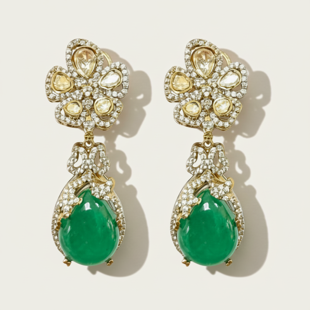 Emerald Green Polki Inspired Floral Drop Earrings - ratnalijewels