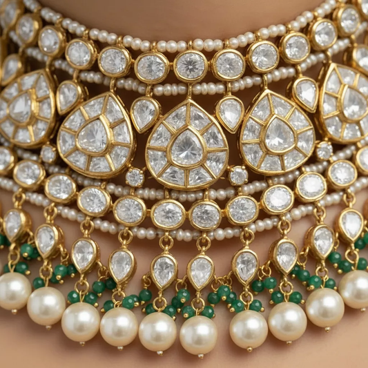 Moissanite Polki Green Bead Fringe Necklace Set - ratnalijewels