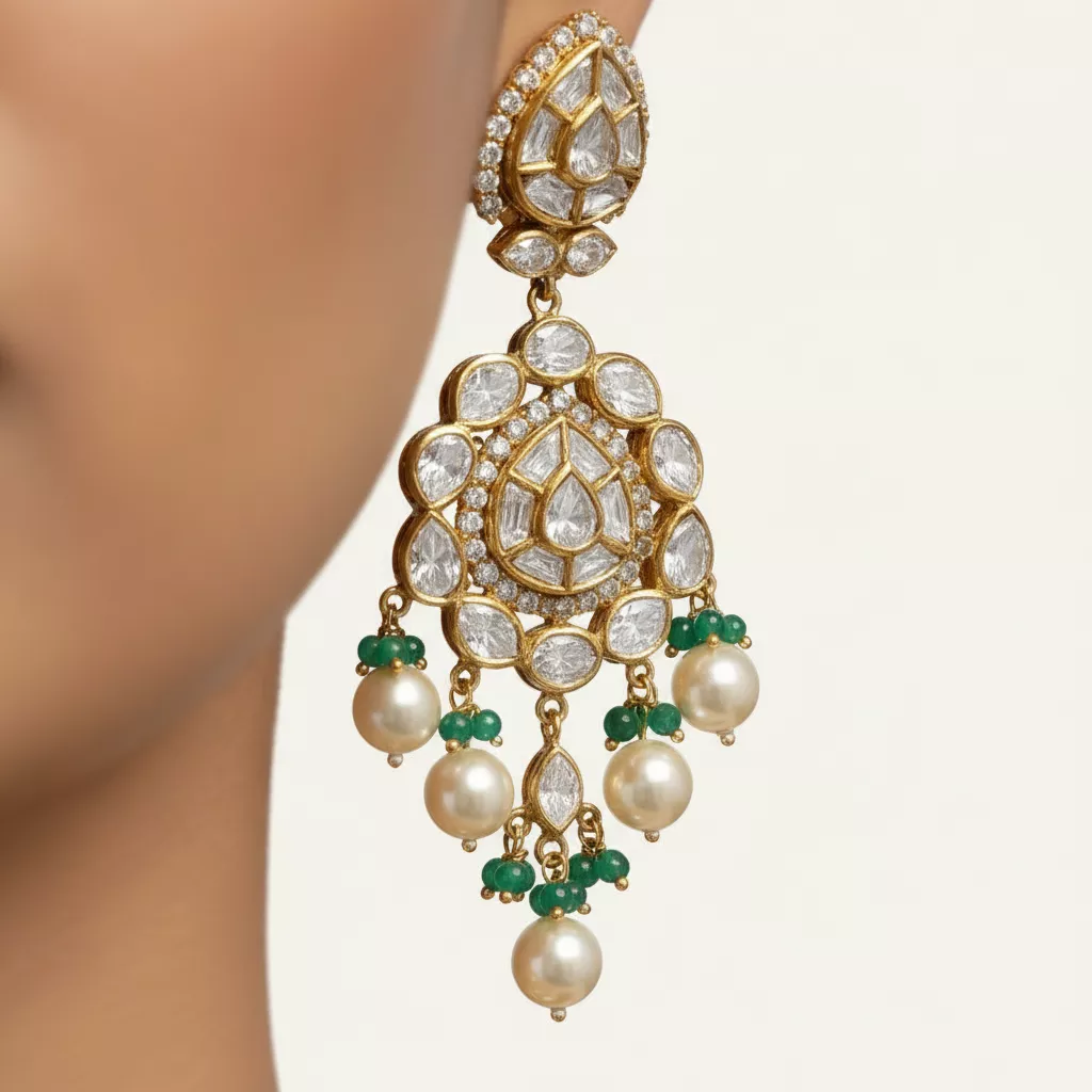 Moissanite Polki Green Bead Fringe Necklace Set - ratnalijewels