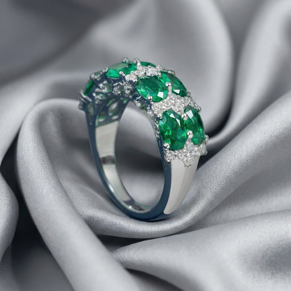 Emerald green eternity band silver ring, side view - Ratnali Jewels