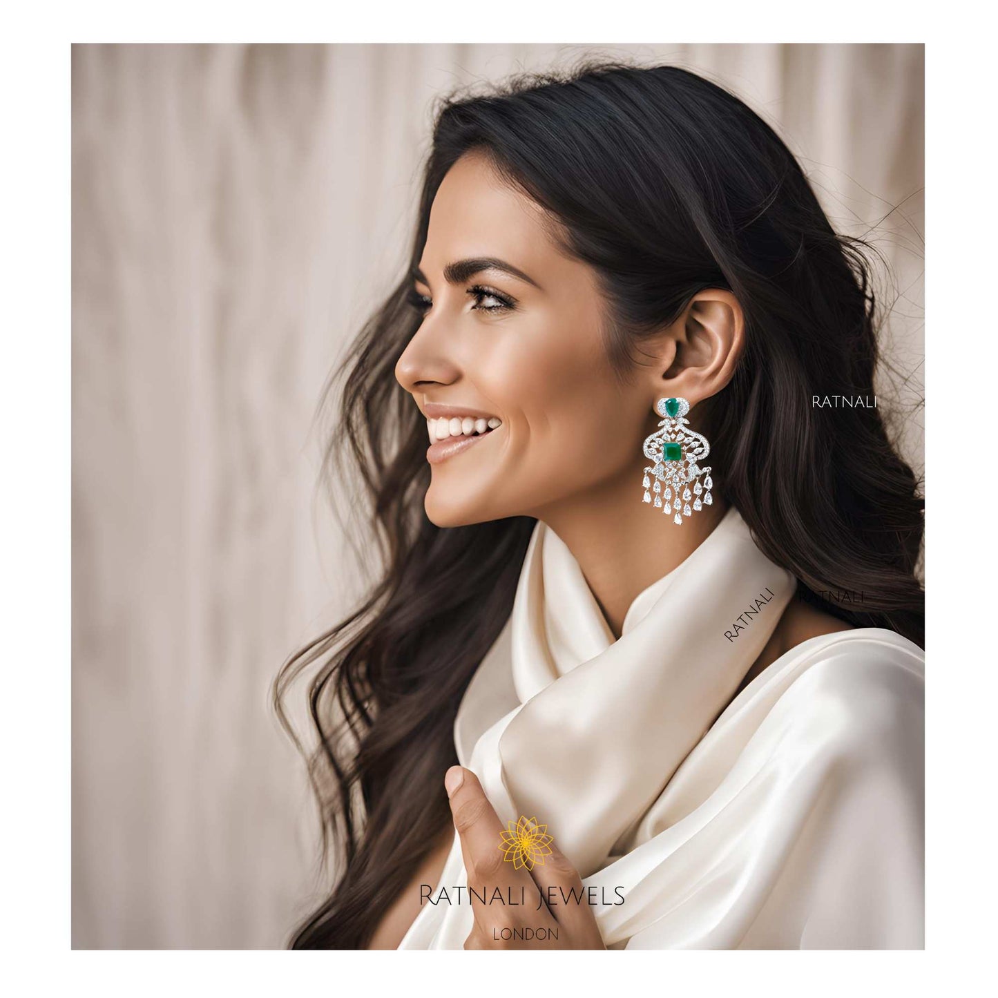 Anu | Green emerald coloured gemstone and cubic zirconia diamond cascading earrings - ratnalijewels