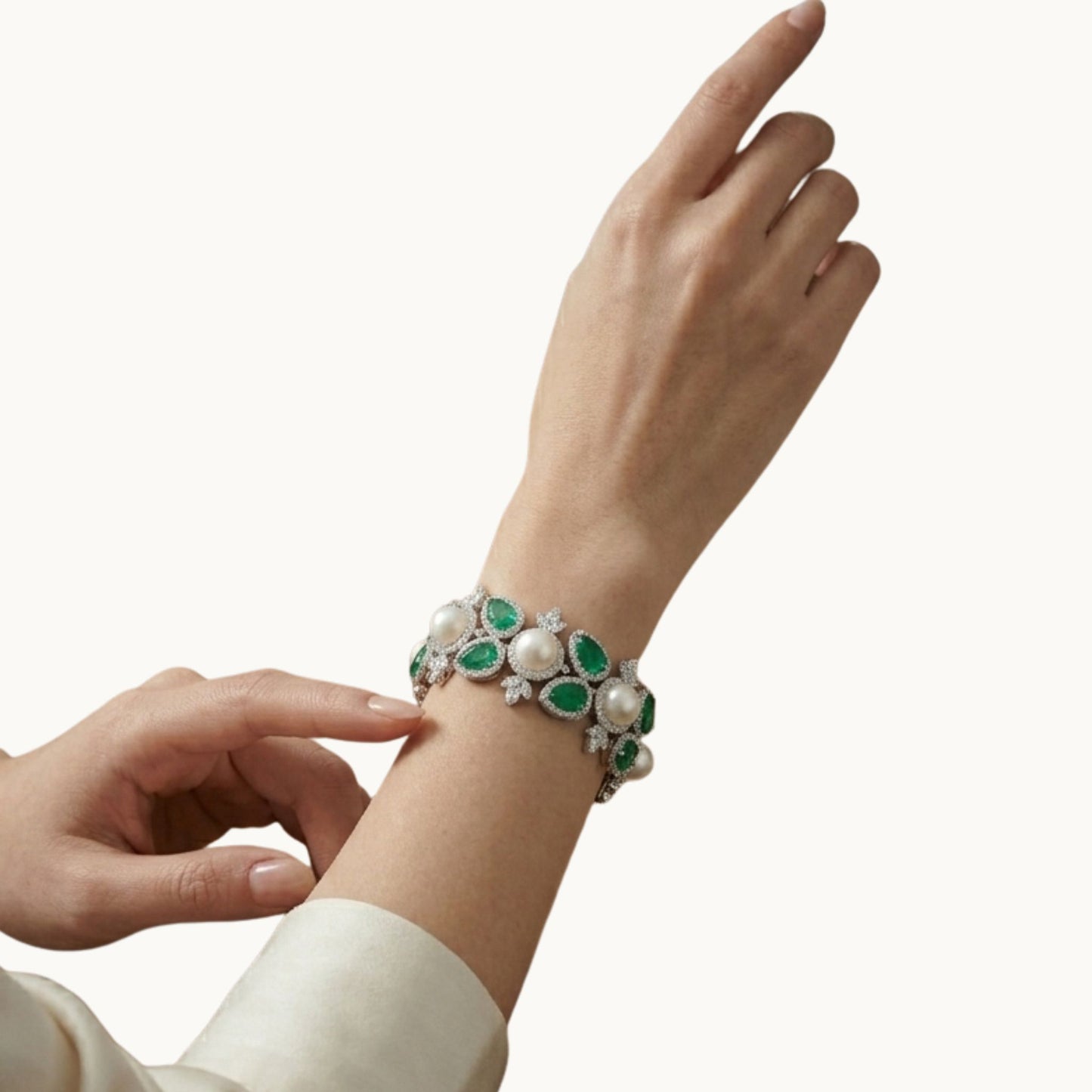 Emerald Green Stone, Pearl & CZ Bracelet - ratnalijewels