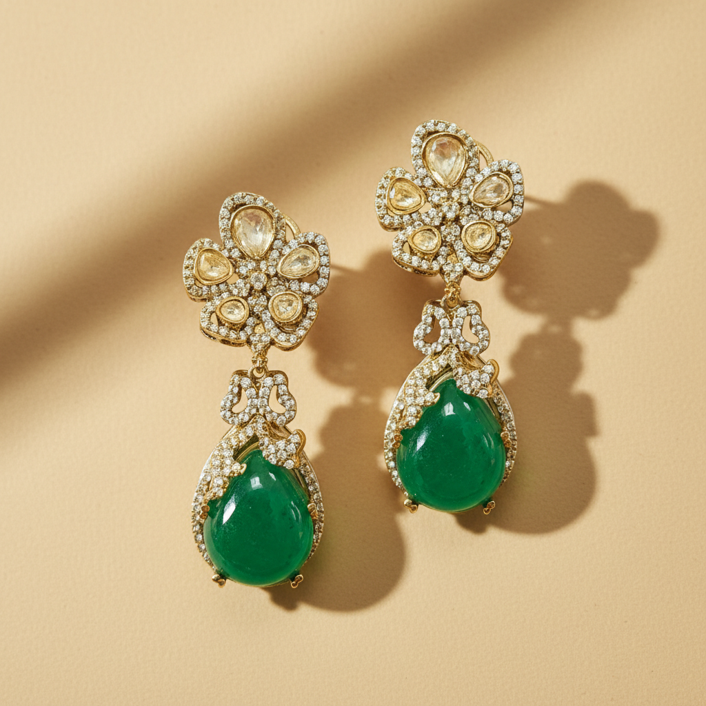 Emerald Green Polki Inspired Floral Drop Earrings - ratnalijewels