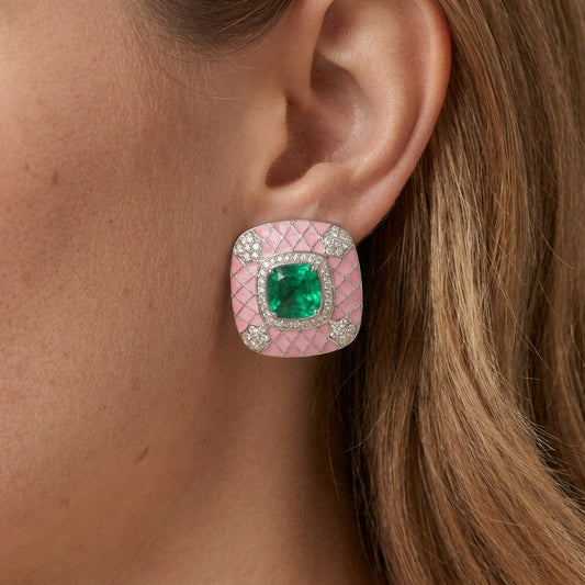 Pink enamel square earrings close up - Ratnali Jewels