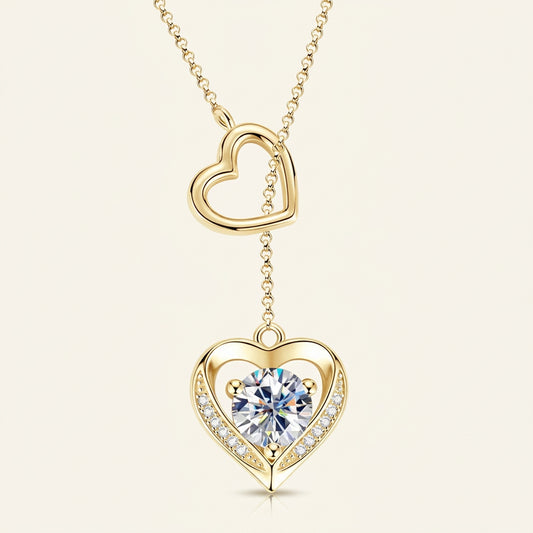 Moissanite Heart Drop Necklace in gold, Double Heart design, Ratnali Jewels