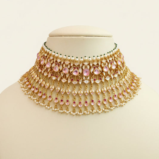 Pink tourmaline Polki necklace set in gold plated sterling silver displayed on bust — traditional Jadau bridal choker handcrafted in India