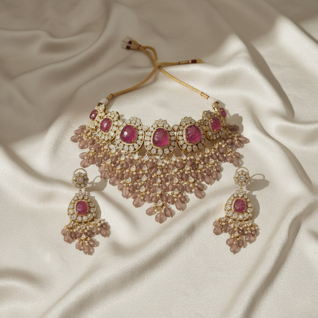 Carved Rose Quartz Polki Necklace Set - ratnalijewels