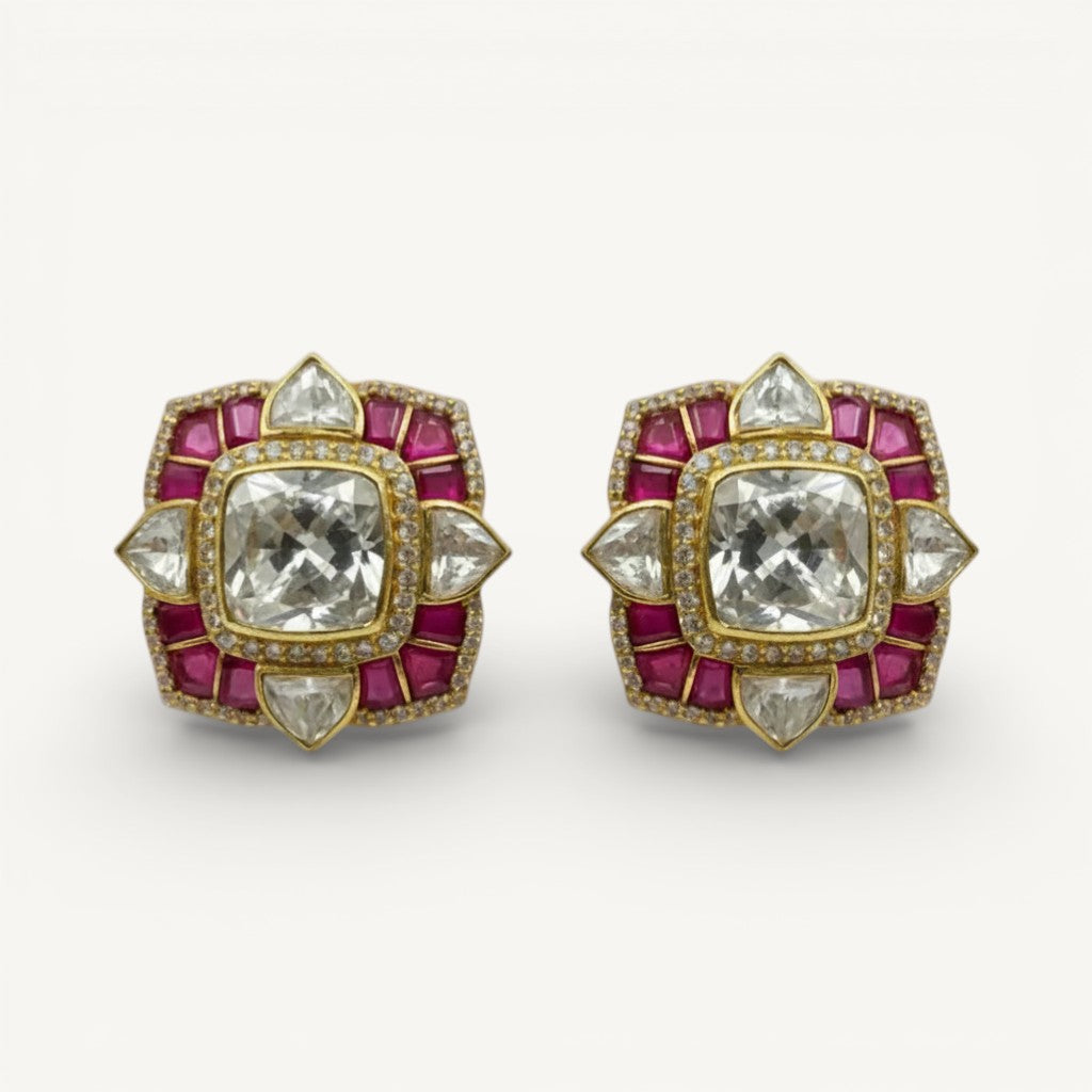 Belarosa | Real Silver Moissanite Polki Kundan Jadau stud Earrings, Gold plated polki earrings, Ruby kundan polki earrings - ratnalijewels