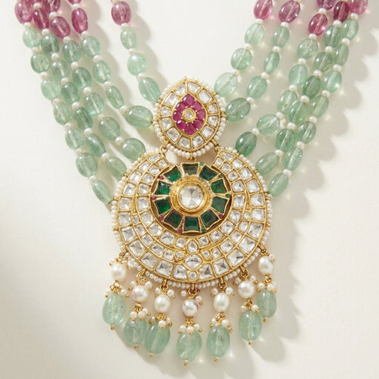 Moissanite Polki Jadau Necklace with Semi Precious Beads & Pearls - ratnalijewels