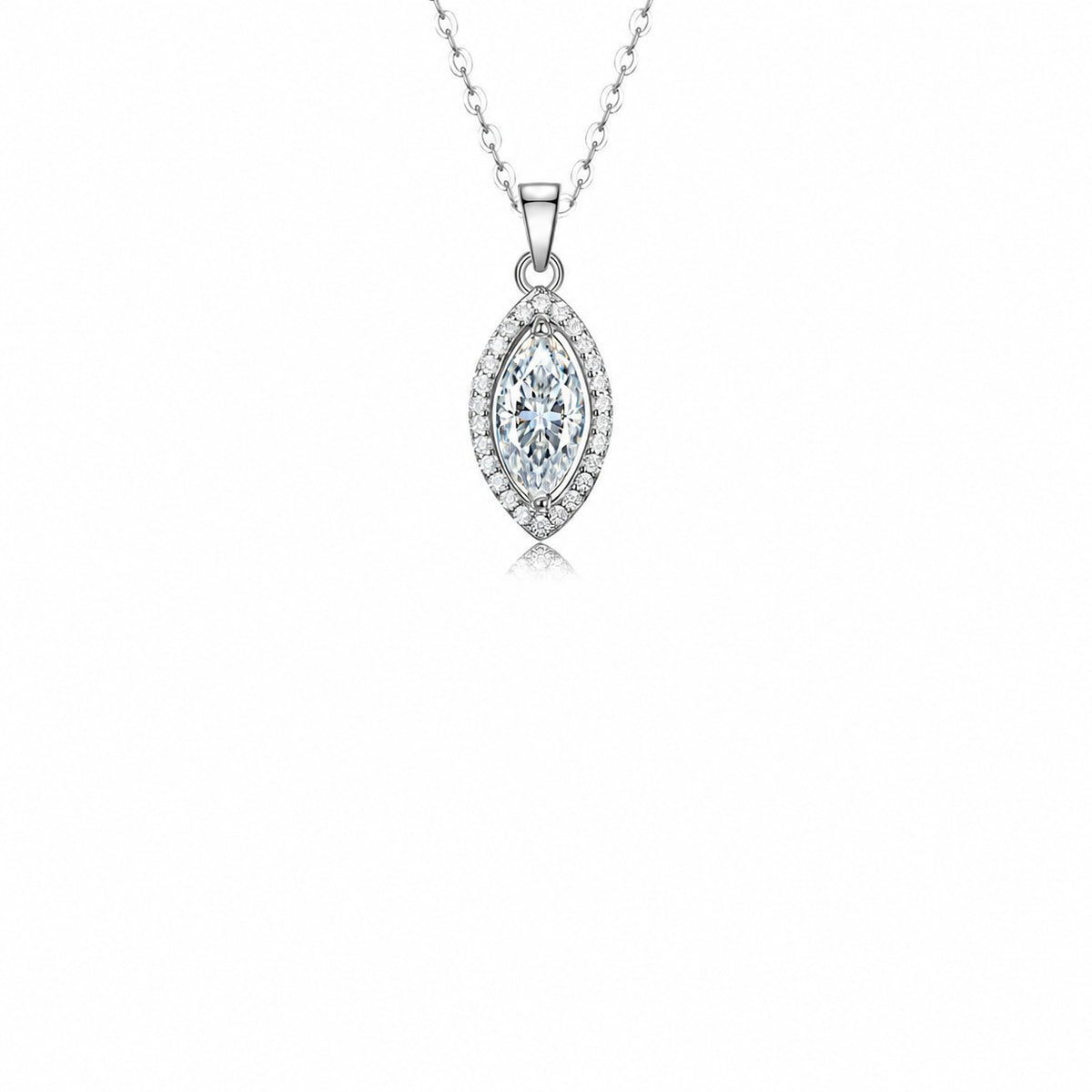 Moissanite Halo Pendant Necklace in 925 sterling silver. A white moissanite centre with a halo in four pendant shapes.