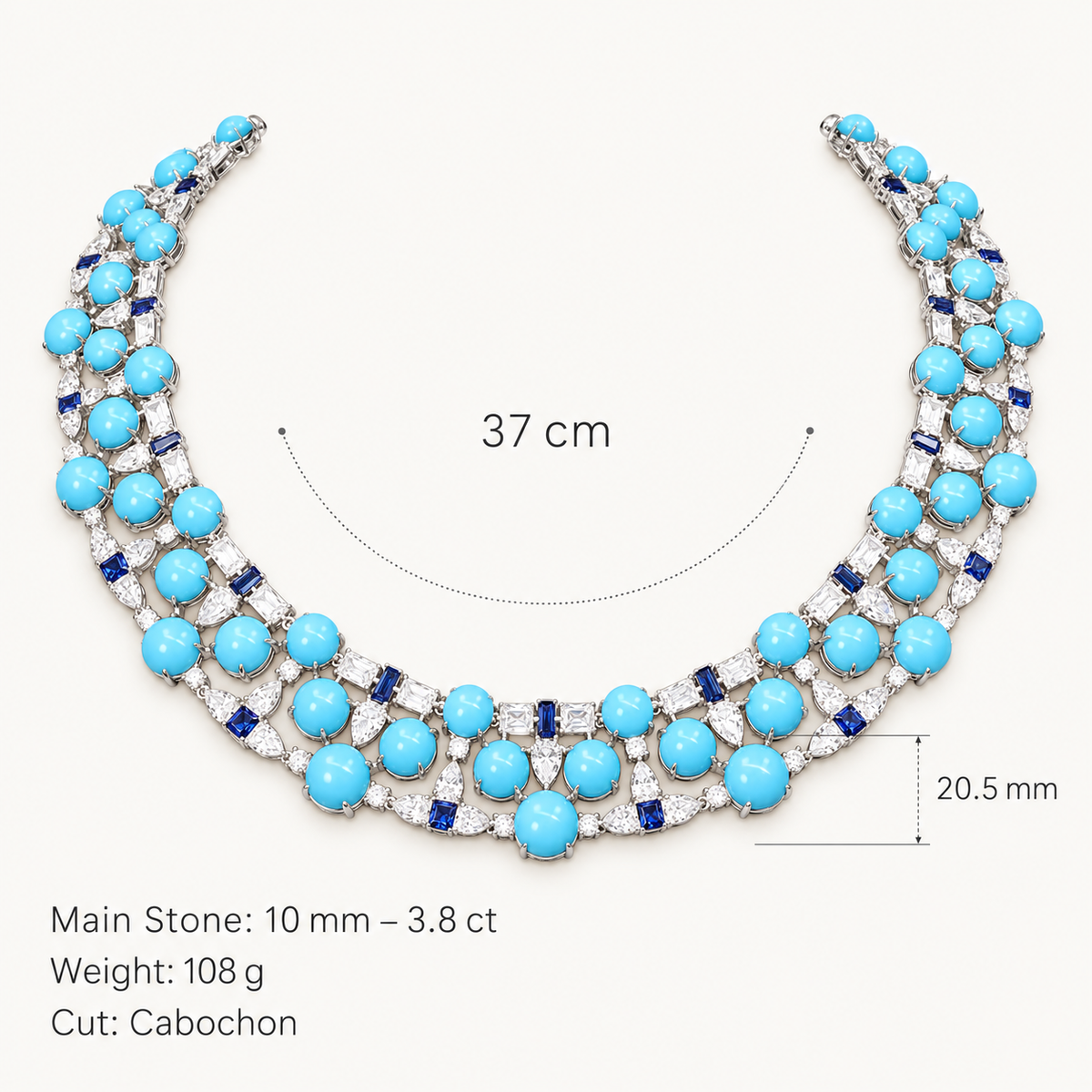 Turquoise Multi Row Collar Necklace with size measurements