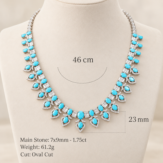 Turquoise Geometric Pendant Necklace dimensions showing 46cm length, 23mm drop, 7 x 9mm oval stone and 61.2g weight