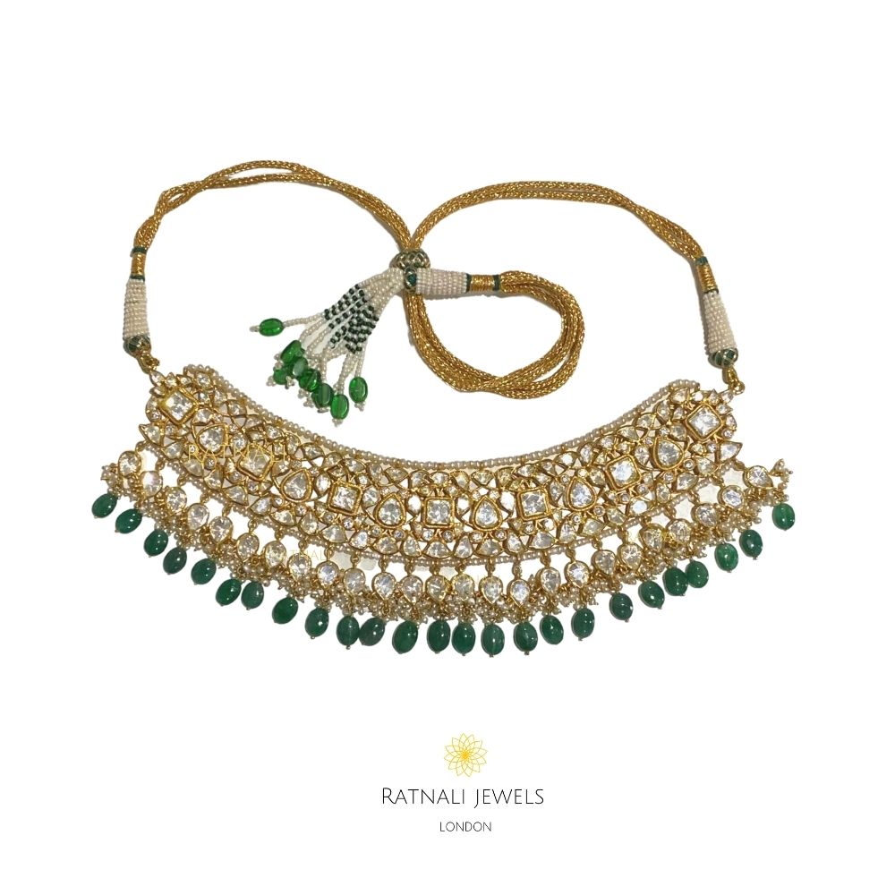 Emerald bead Polki Jadau choker necklace in 18K gold plated silver
