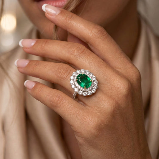 Simulated diamond & emerald colour gem stone Ring, Rings - Ratnali Jewels