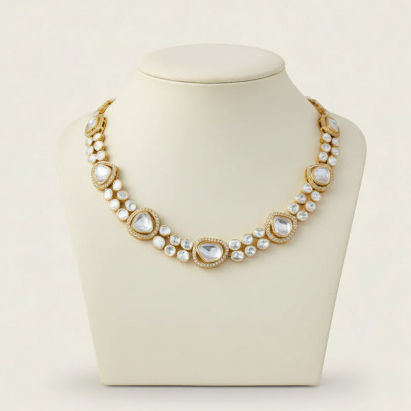 Classic Moissanite Polki necklace handcrafted in gold plated sterling silver featuring graduated Polki stones in a timeless Jadau design.