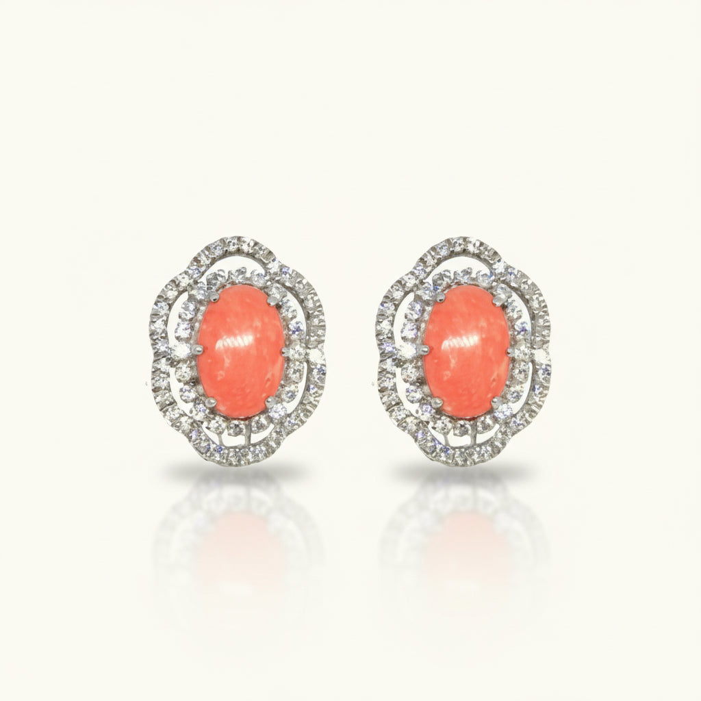 Simulated diamond & Coral opal stud earrings, Studs - Ratnali Jewels