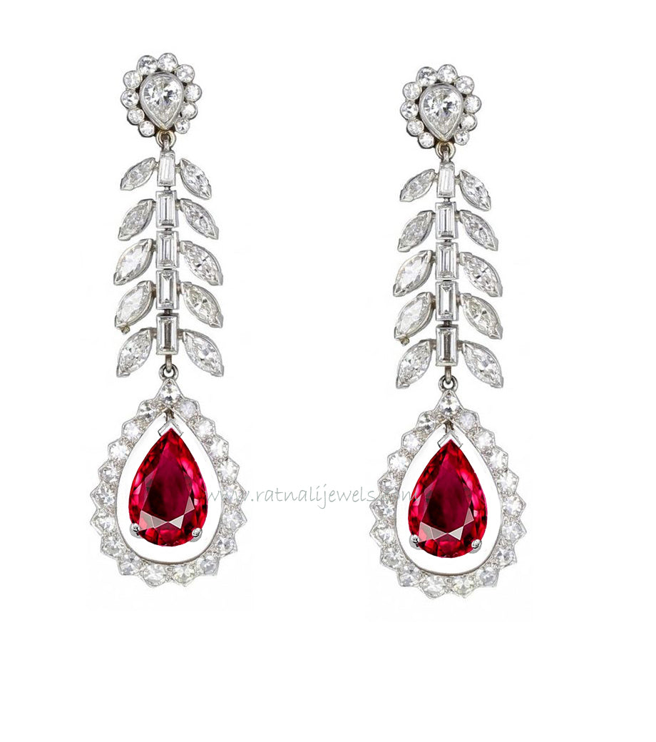 Simulated diamonds, ruby and silver danglers Ratnali Jewels