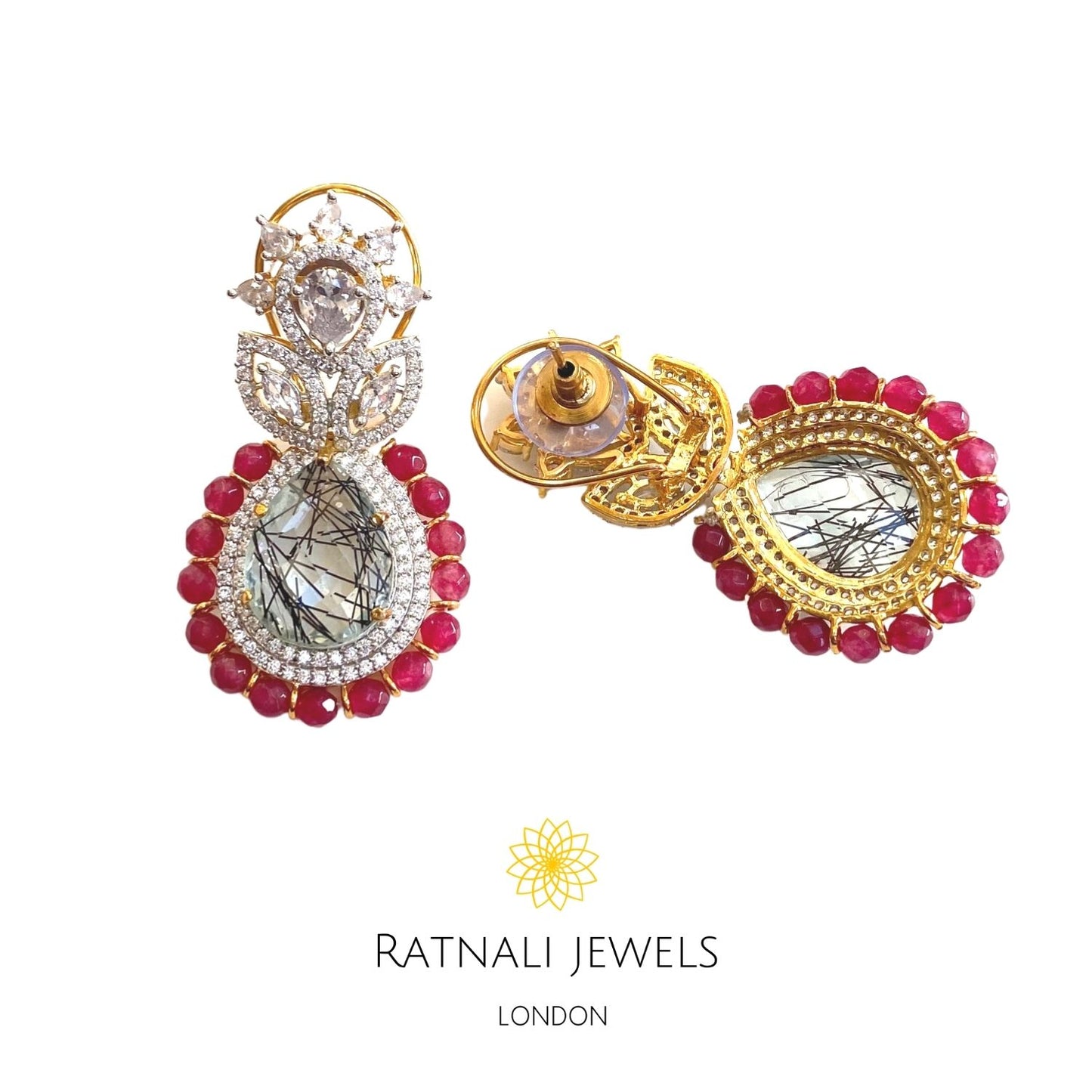 Statement diamond Earrings with Ruby Beads - ratnalijewels