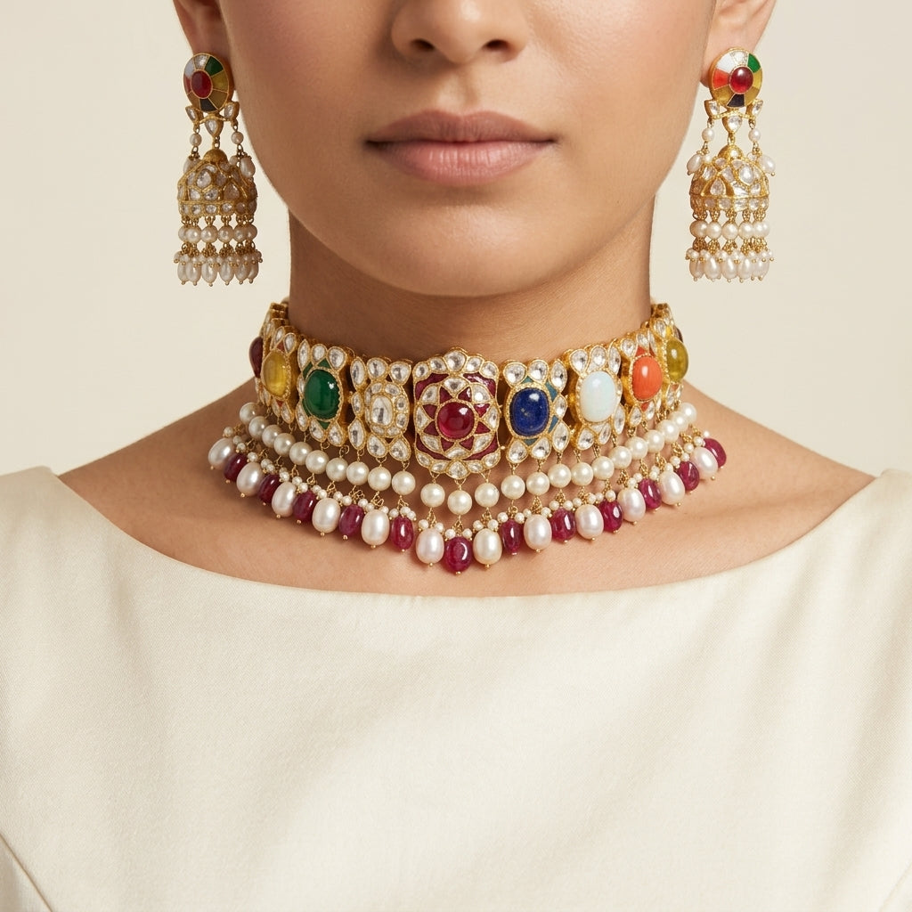 Navratan Polki Jadau choker necklace and earrings by Ratnali Jewels