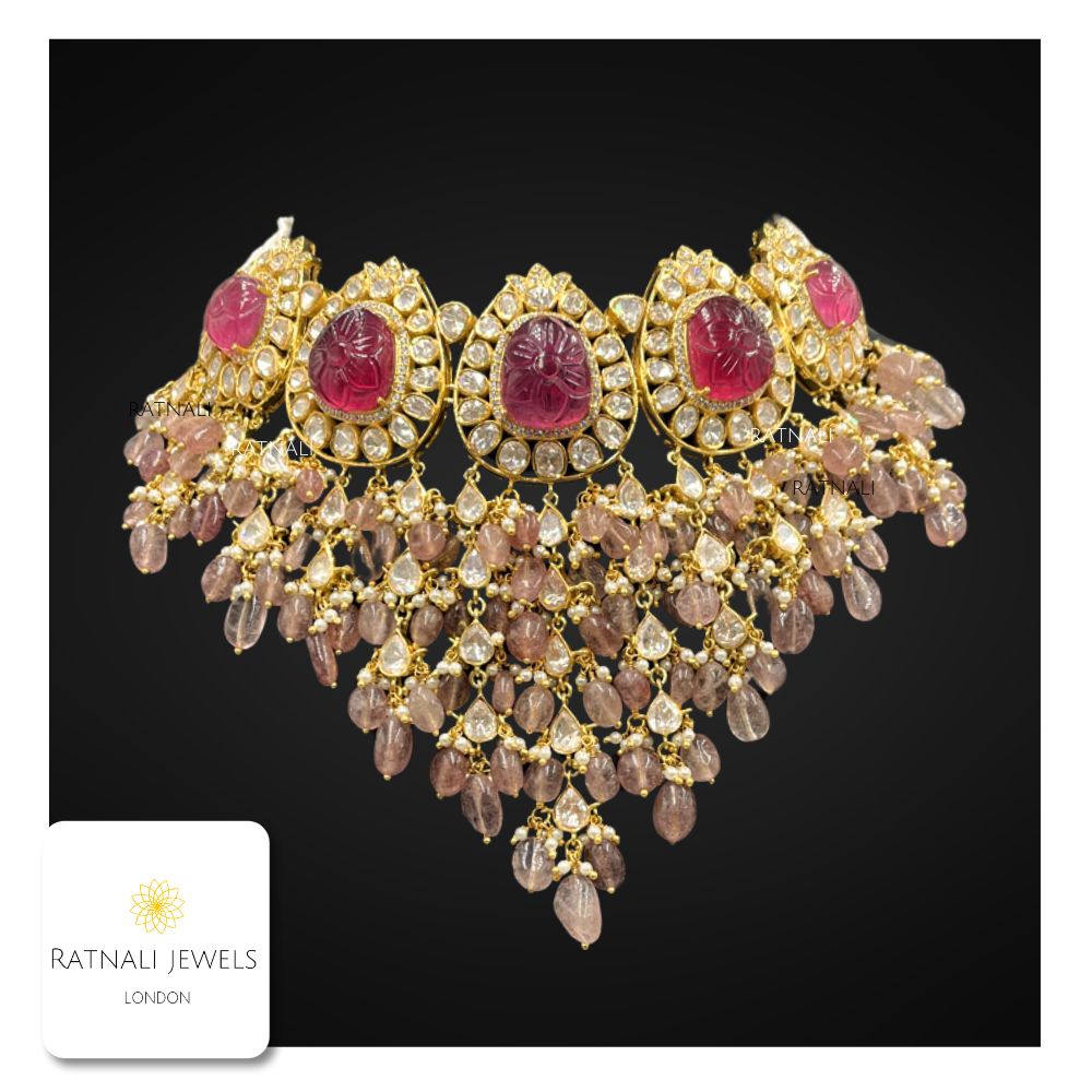 Twilight Blush: Ruby Quartz Polki Necklace| Real Silver Moissanite Polki Jadau Necklace with Semi Precious gemstones, Sabyasachi necklace - ratnalijewels