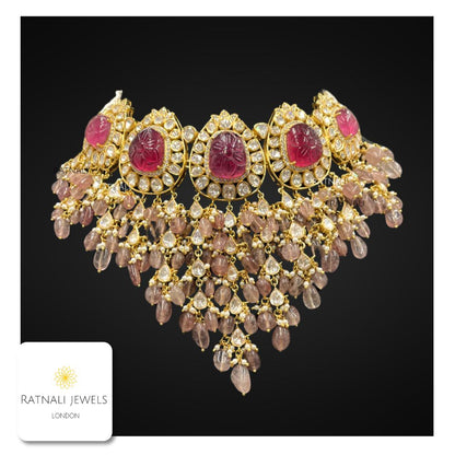 Twilight Blush: Ruby Quartz Polki Necklace| Real Silver Moissanite Polki Jadau Necklace with Semi Precious gemstones, Sabyasachi necklace - ratnalijewels