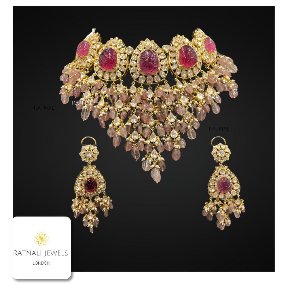 Twilight Blush: Ruby Quartz Polki Necklace| Real Silver Moissanite Polki Jadau Necklace with Semi Precious gemstones, Sabyasachi necklace - ratnalijewels