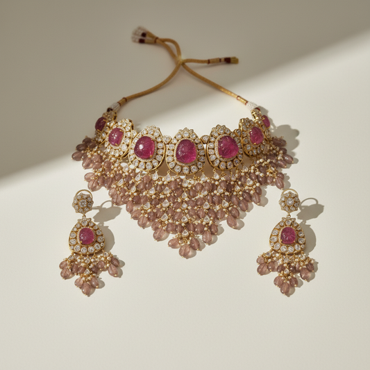 Moissanite Polki Necklace & Earring Set with Carved Ruby Quartz and Rose Quartz Drops - ratnalijewels