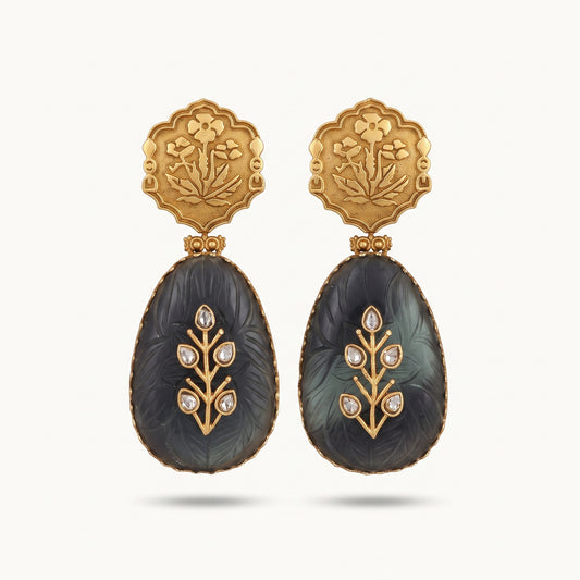 Blue Carved Gemstone Polki Drop Earrings