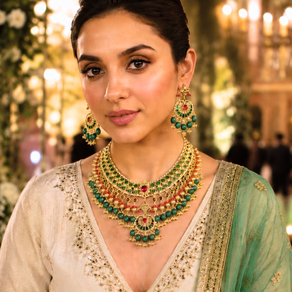 A woman wearing an ornate gold-toned traditional necklace with green and red stones, matching drop earrings, and a light green embroidered dupatta, shown in a softly blurred festive indoor setting.