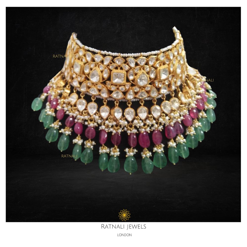 Mohini Chauser | Real Silver Moissanite Polki Jadau Necklace Set with Semi Precious Beads & Pearls,bridal necklace, Kundan Necklace - ratnalijewels