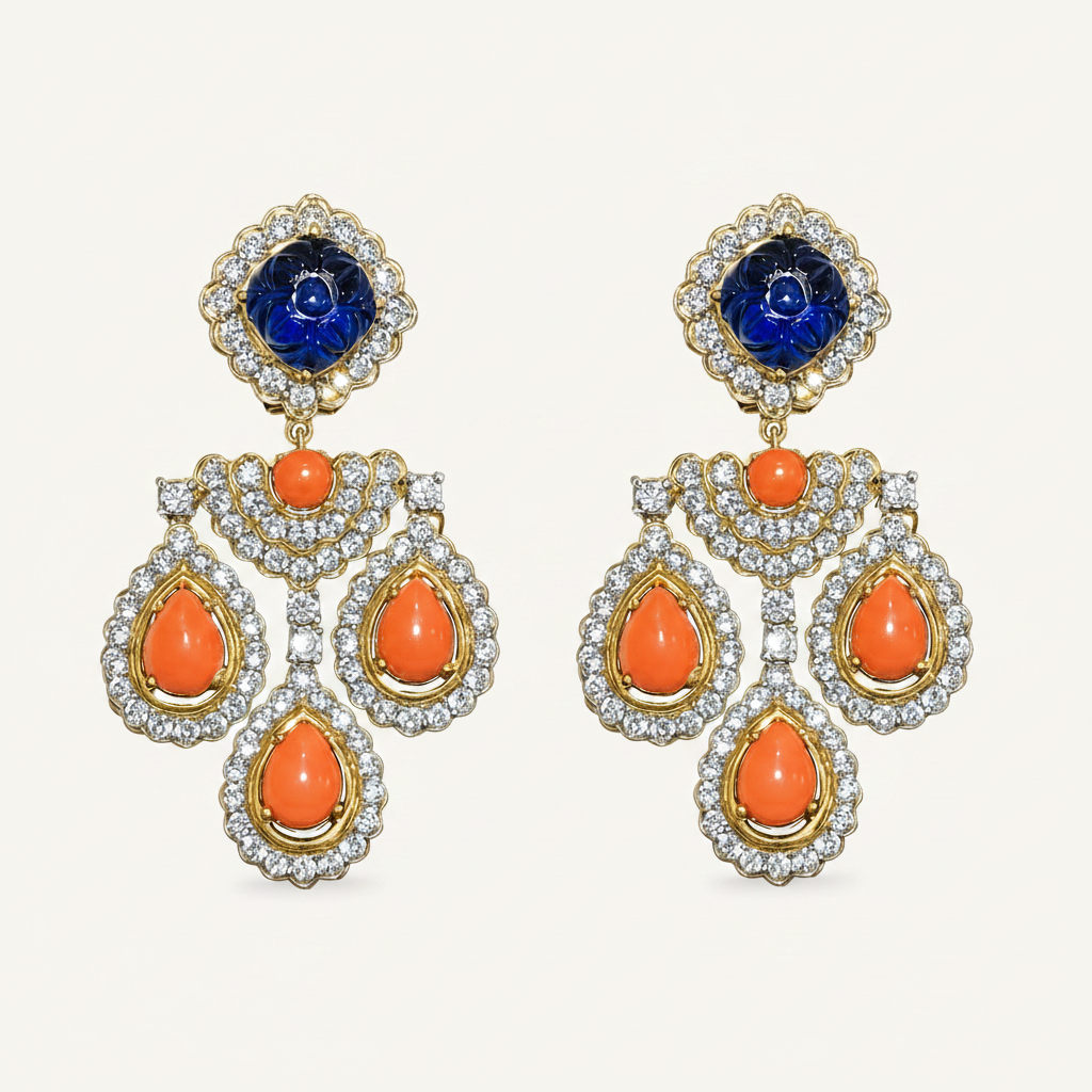 Coral and Blue Gemstone Dangle Earrings - ratnalijewels