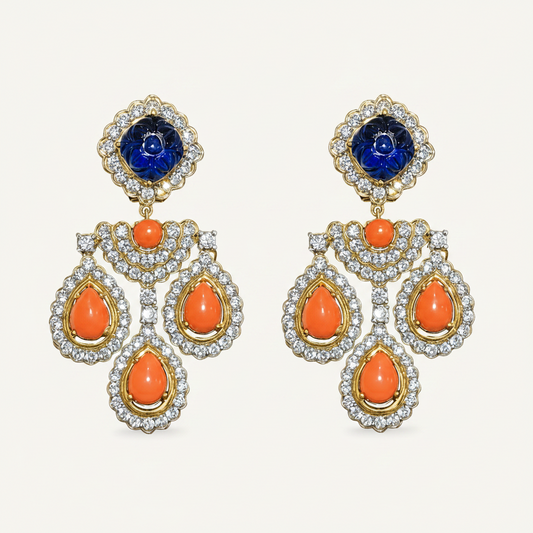 Coral and Blue Gemstone Dangle Earrings - ratnalijewels