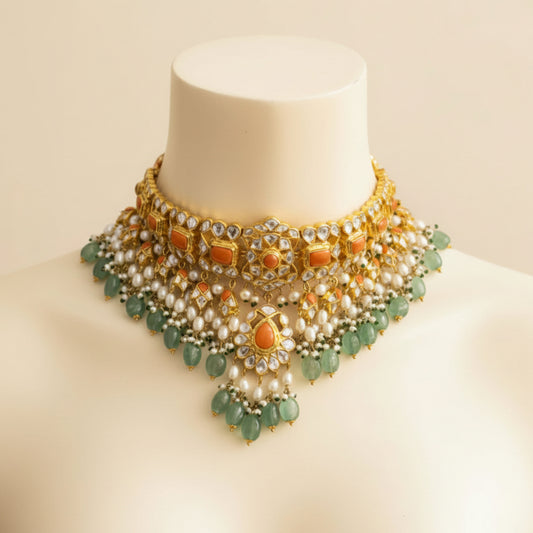 Coral and Polki gemstone Necklace and Jhumka Earrings Set in gold-plated silver - ratnalijewels