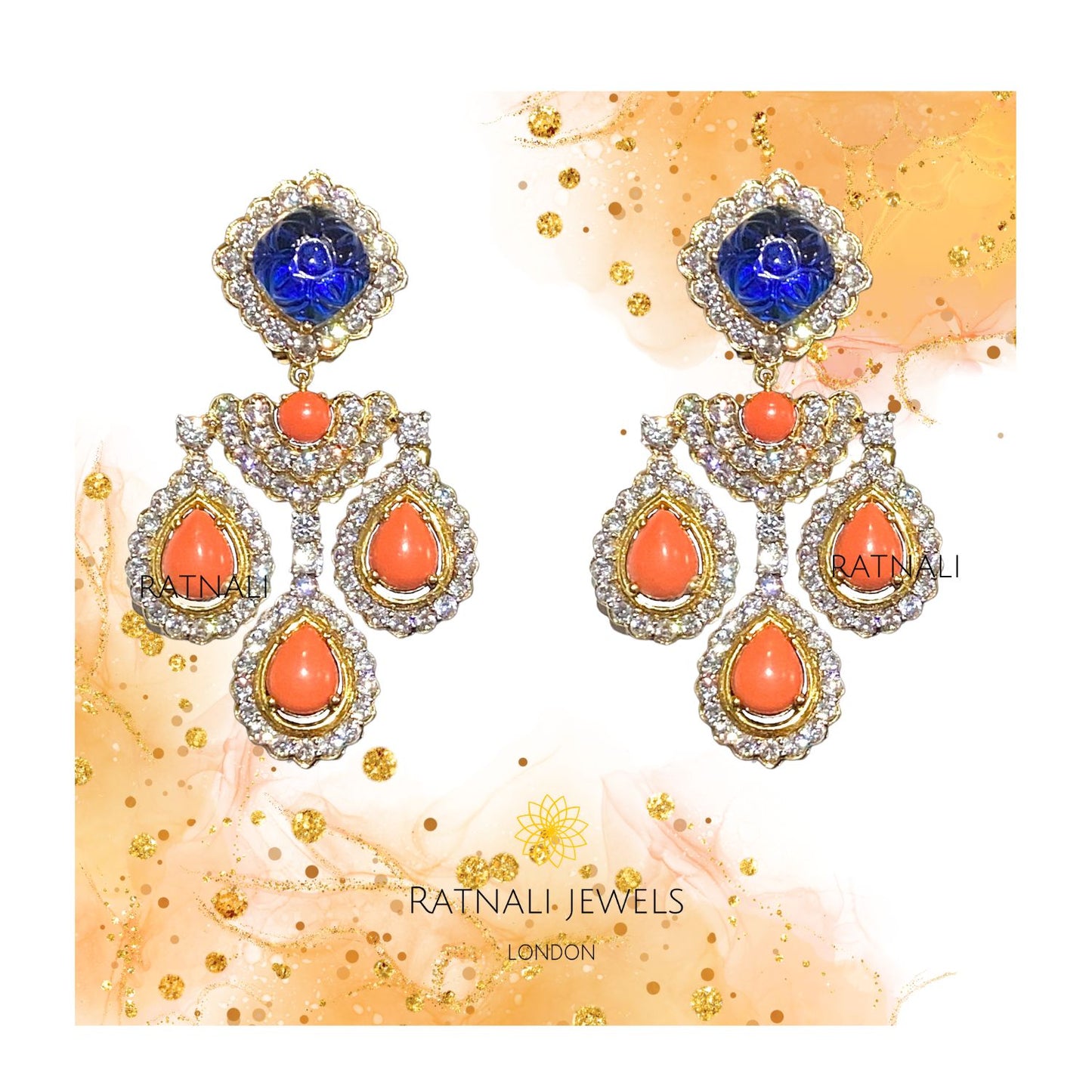 Coralli | Coral and blue gemstone dangler earrings in real silver, Orange Coral silver Diamond earrings, Blue Gemstone Statement earrings - ratnalijewels