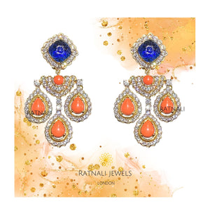 Coralli | Coral and blue gemstone dangler earrings in real silver, Orange Coral silver Diamond earrings, Blue Gemstone Statement earrings