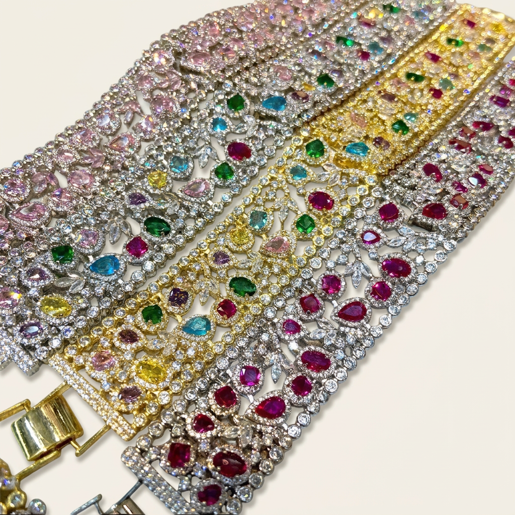 Cubic zirconia bracelets in four colour options on off-white