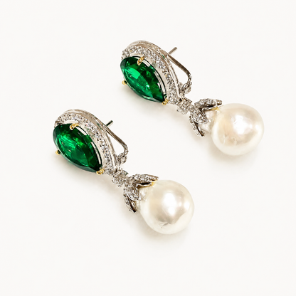 Emerald and baroque pearl drop earrings in silver with Diamond CZ | Ratnali Jewels