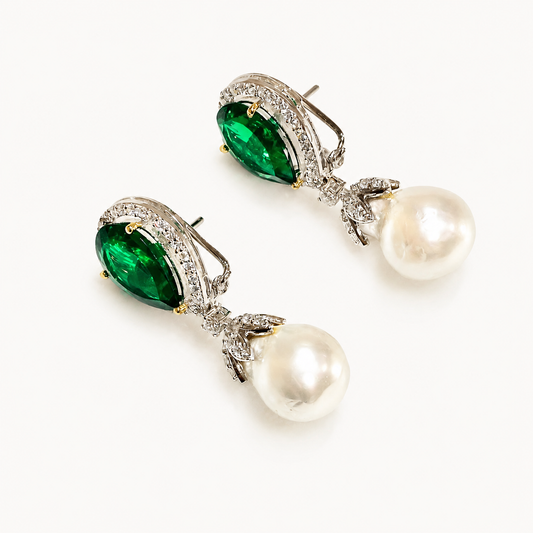 Emerald and baroque pearl drop earrings in silver with Diamond CZ | Ratnali Jewels